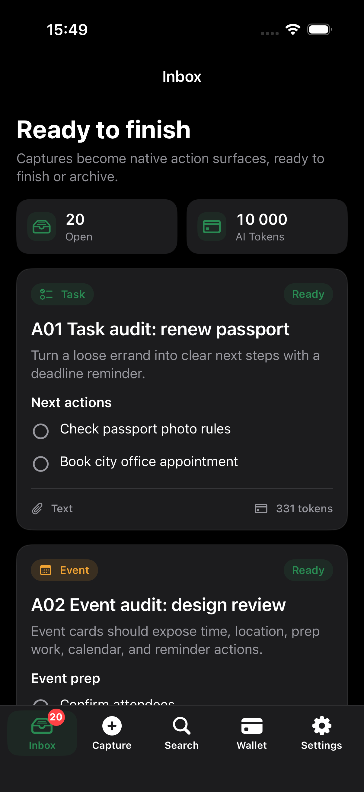 LaterDone Inbox showing structured task and event action surfaces